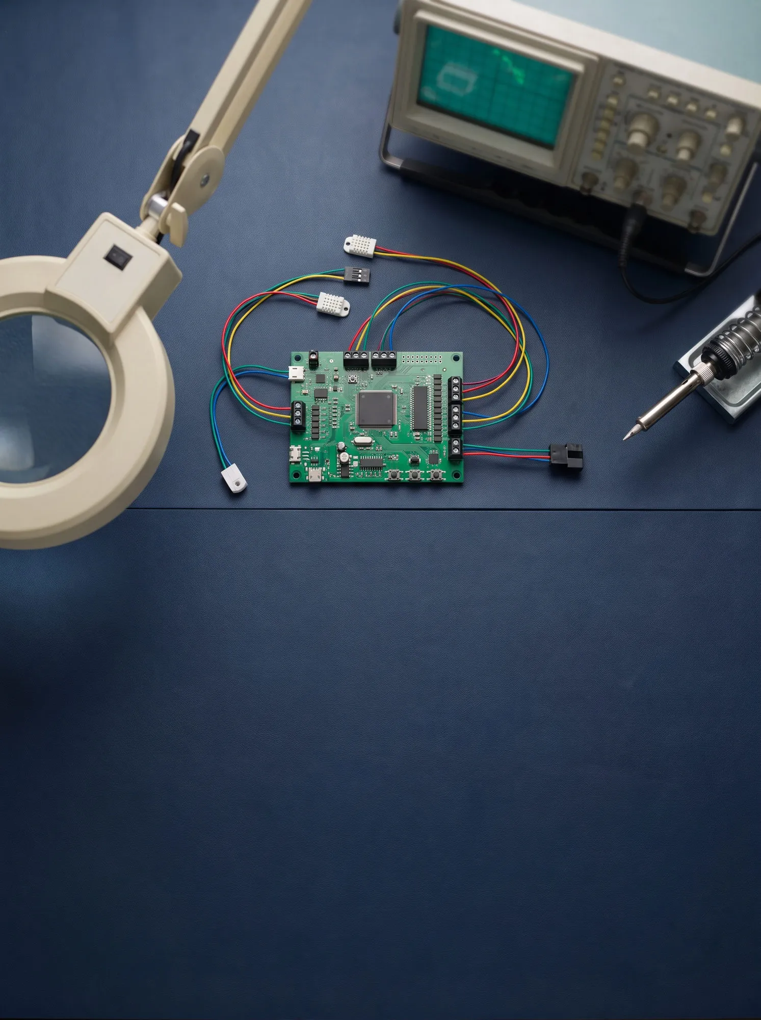 Placa de desarrollo con microcontrolador conectada a sensores y a un osciloscopio