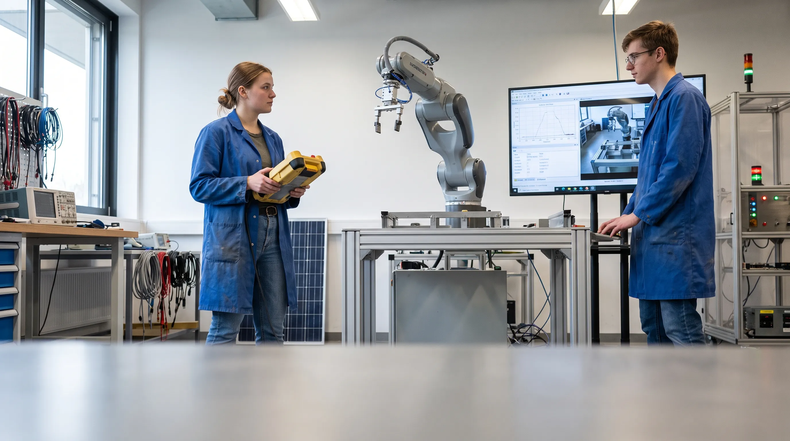 Persona operando con una consola de programación un brazo robótico en una celda de automatización de laboratorio